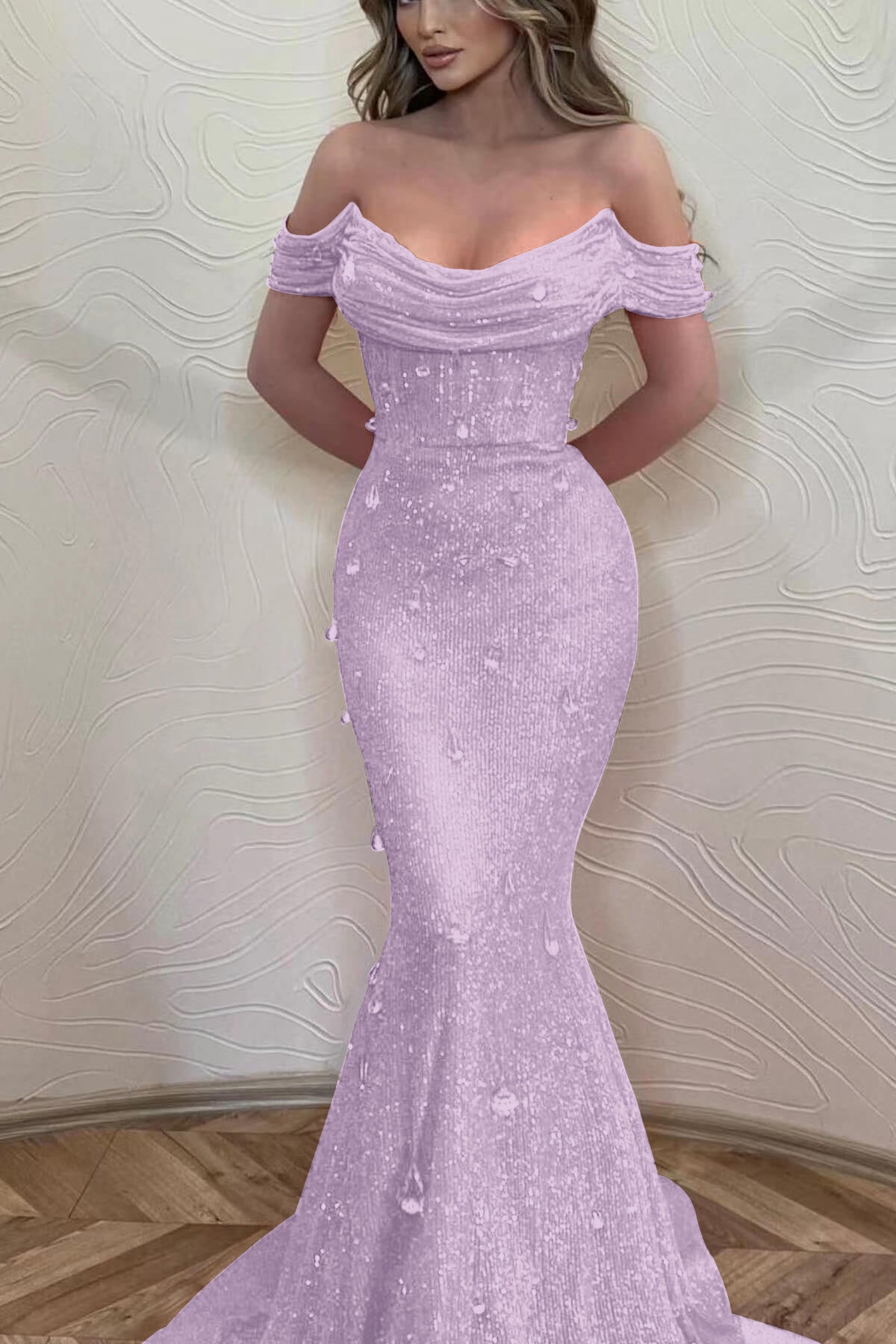 Orange Off the Shoulder Strapless Sleeveless Prom Dress With Sequins Mermaid BMBRIDE