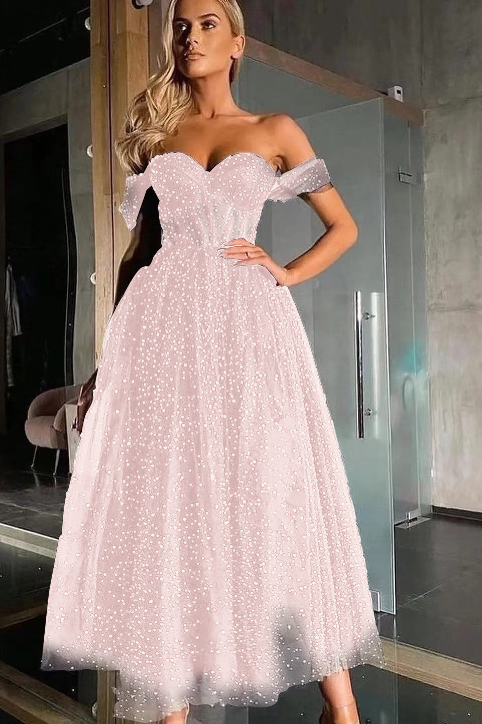 Black Off-the-Shoulder Sweetheart A-Line Tulle Beaded Prom Dress BM bride
