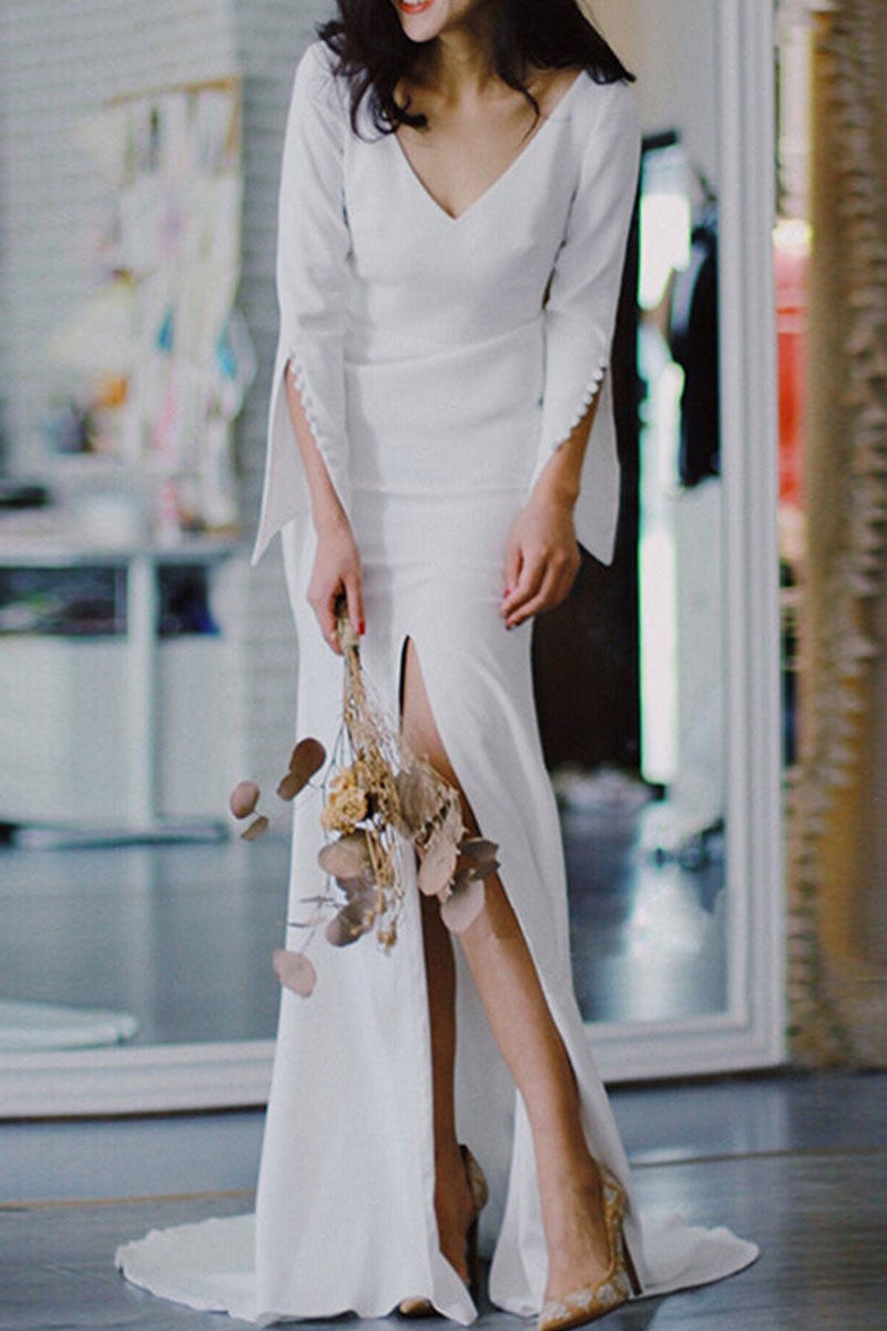 V-Neck Long Sleeve Slit Wedding Dress BM bride