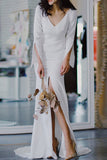 V-Neck Long Sleeve Slit Wedding Dress BM bride