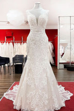Sleeveless Long Mermaid Wedding Dress With Backless Lace Tulle BM bride