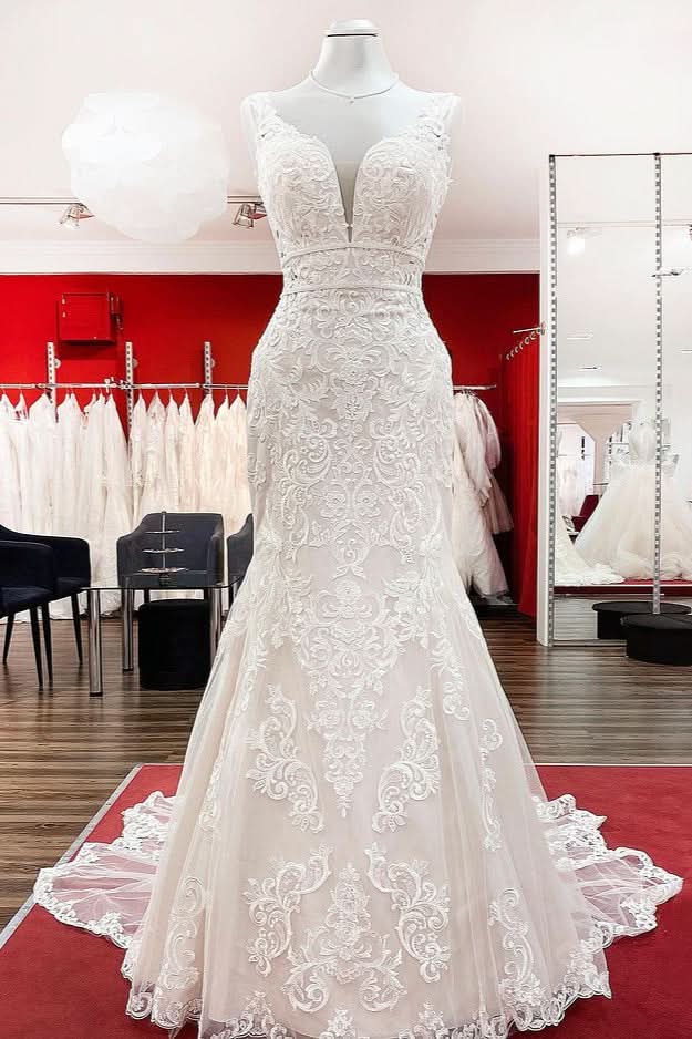 Sleeveless Long Mermaid Wedding Dress With Backless Lace Tulle BM bride