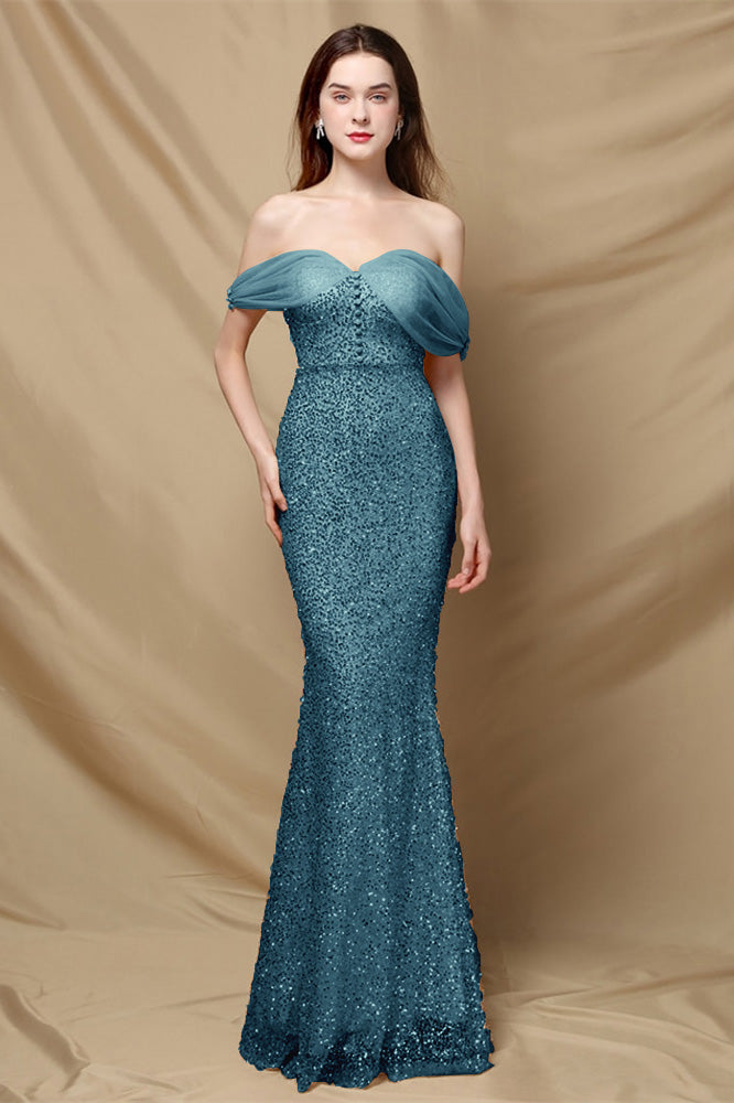 Elegant Off the Shoulder Mermaid Sequins Prom Dress With Sweetheart Buttons BMBRIDE
