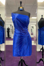 Sparkly Royal Blue Sequins One Shoulder Tight Short Homecoming Dress with Lace