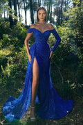 Sequins Royal Blue Evening Dress with Slit BM bride