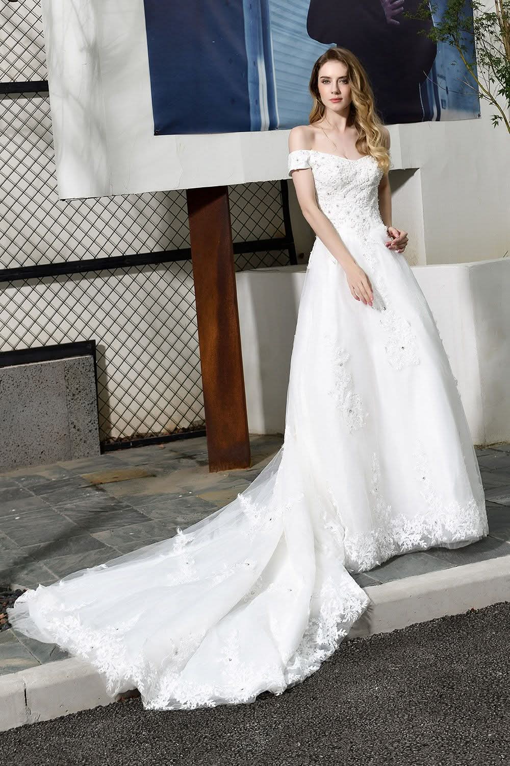 Off Shoulder A-Line Lace Wedding Dress BMbride