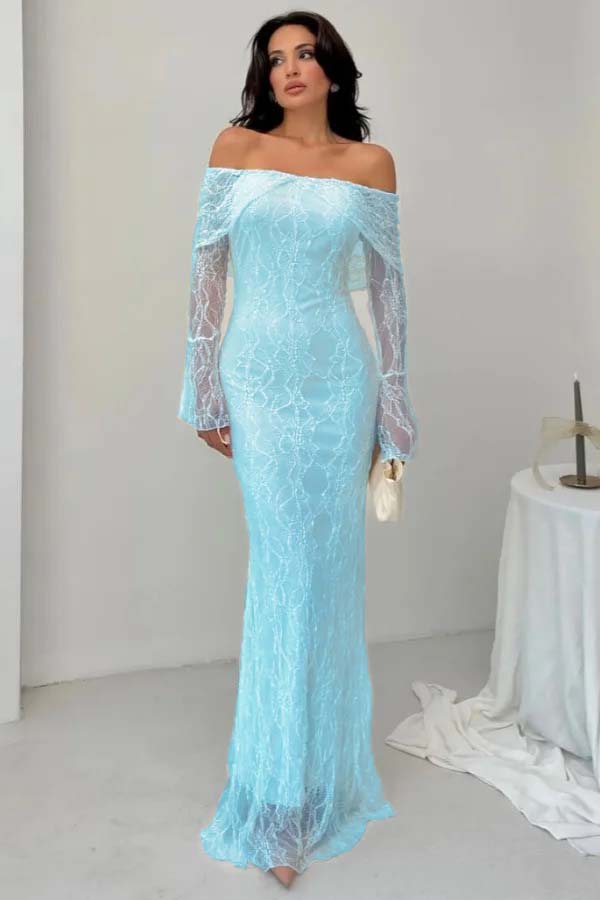 Off the Shoulder Long Sleeves Long Mermaid Prom Dress With Lace BMBRIDE