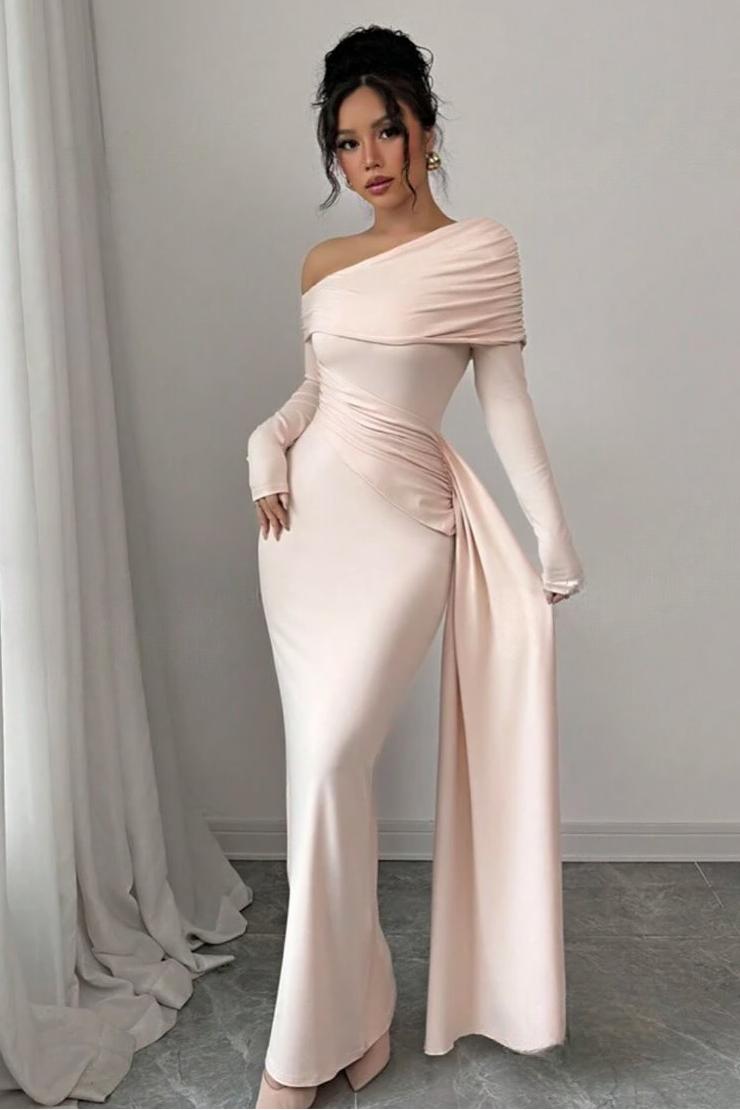 Off the Shoulder Long Sleeves Long Mermaid Prom Dress With Ruffles