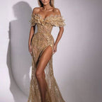 Champagne Glitter Sequin Side Slit Off Shoulder Mermaid Prom Gown BM bride