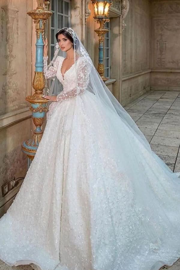 A-Line Deep V-Neck Long Sleeve Train Wedding Dress with Lace Appliques BM bride