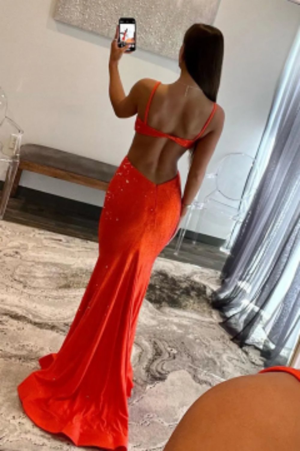 Glitter Yellow Spaghetti Straps Mermaid Cut-Out Long Prom Dress with Beading