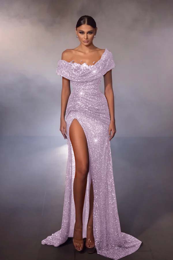 Off the Shoulder Sleeveless Long Split Prom Dress With Beading