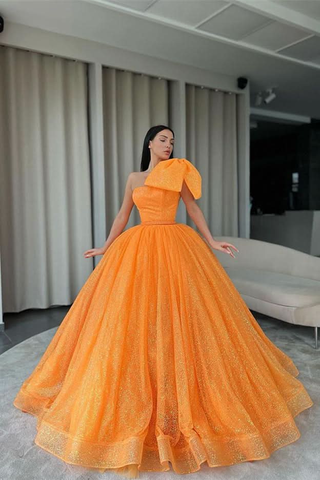 Orange One-Shoulder Ball Gown Evening Dress with Sequins BM bride