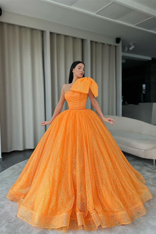 Orange One-Shoulder Ball Gown Evening Dress with Sequins BM bride