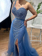 Sleeveless Mermaid Evening Dress with Split and Sequined Tulle BM bride