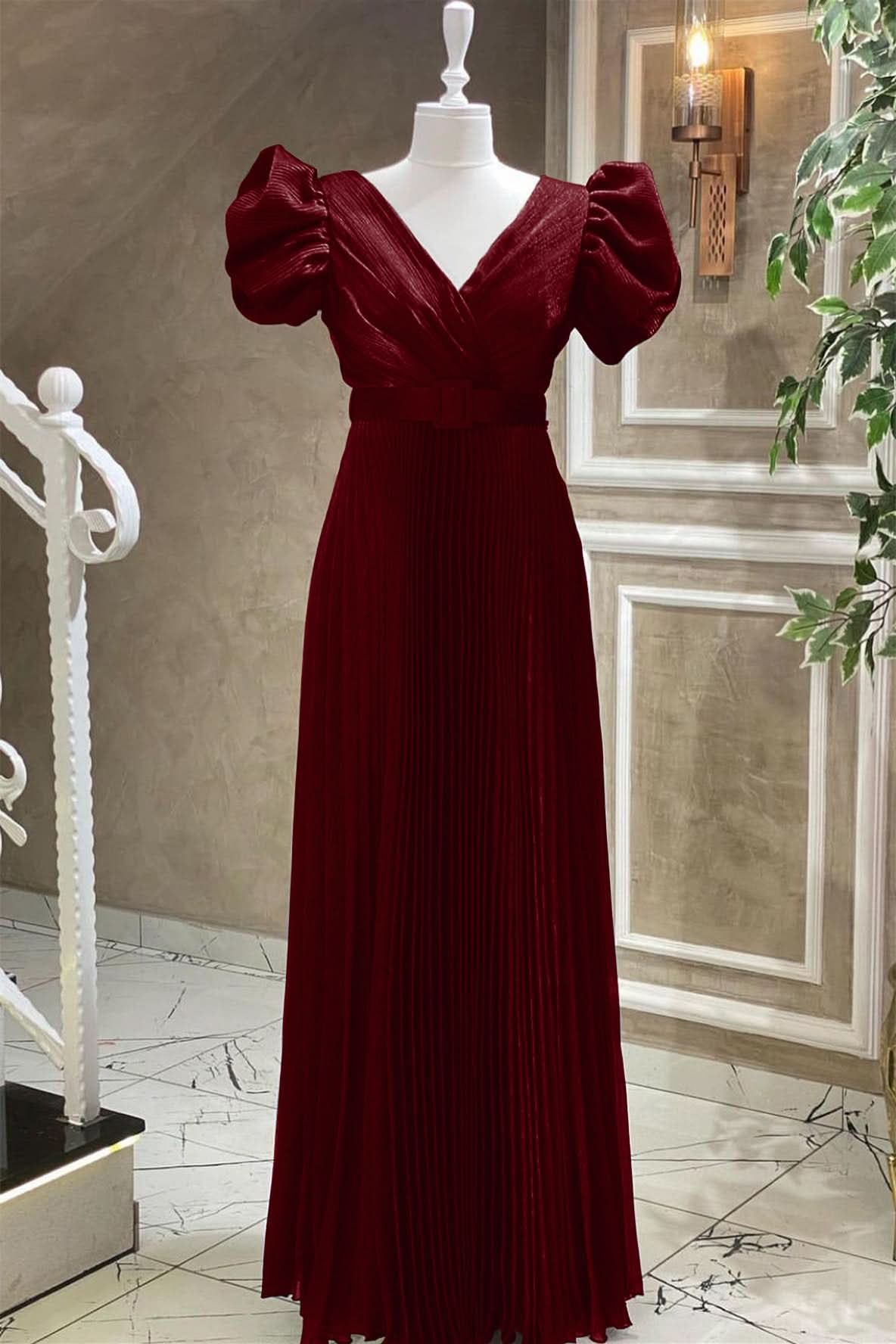 Royal Blue V-Neck Evening Dress with Short Sleeves and Belt Online BM bride