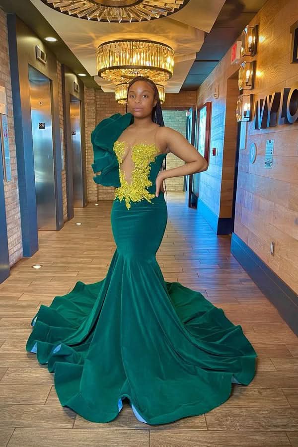 Dark Green One Shoulder Evening Dress with Sleeveless Appliques BM bride