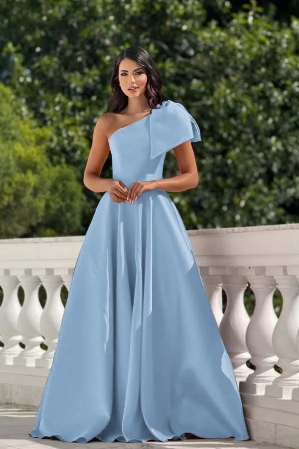 One Shoulder Sleeveless Long Prom Dress With Pleated Bowknot