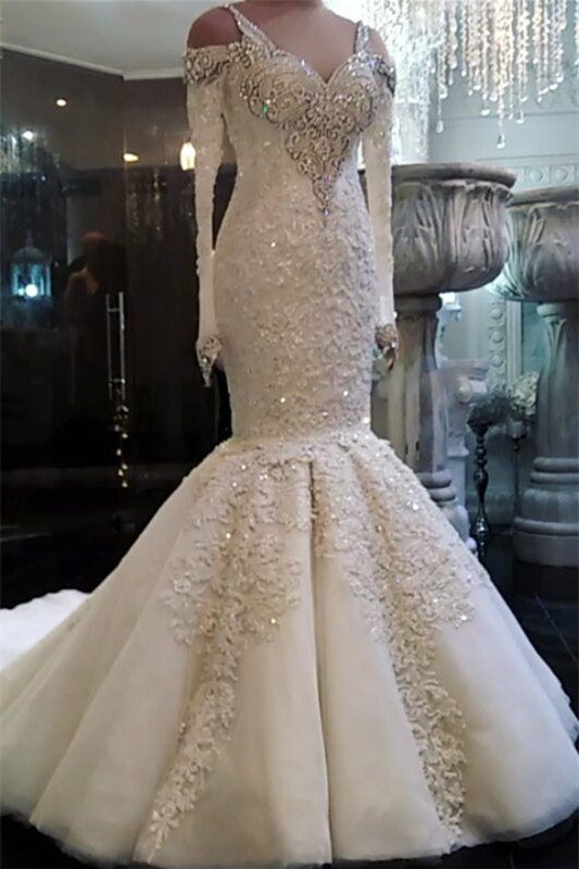 V-Neck Long Sleeve Beaded Mermaid Wedding Dress with Lace Appliques BM bride