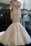 V-Neck Long Sleeve Beaded Mermaid Wedding Dress with Lace Appliques BM bride