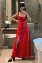 Straps Sleeveless Sweetheart Long Prom Dress With Front Split