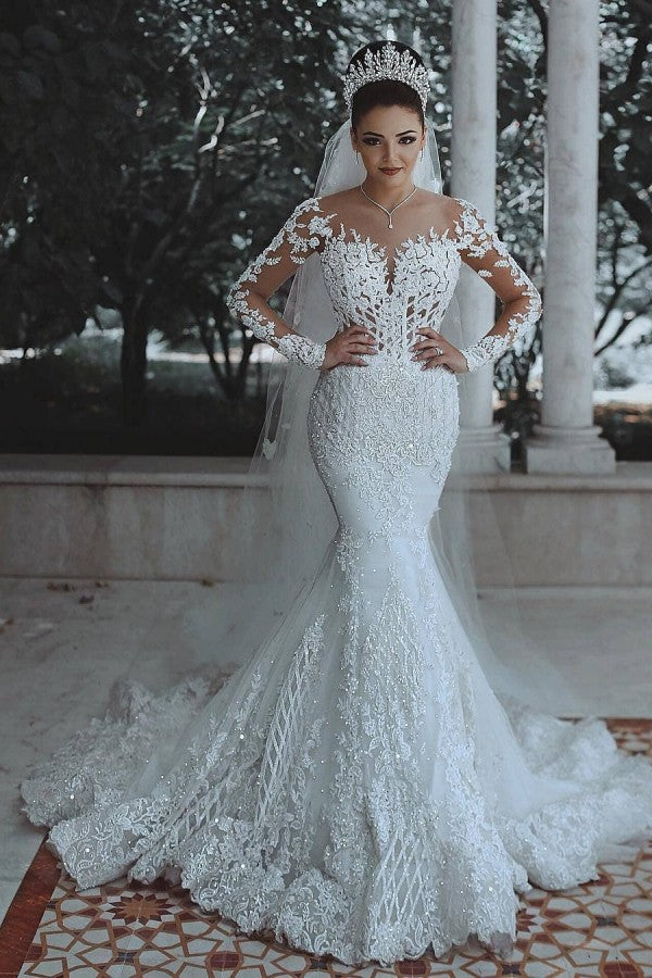 White Lace Long Sleeve Mermaid Wedding Dress BM bride