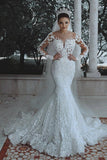 White Lace Long Sleeve Mermaid Wedding Dress BM bride