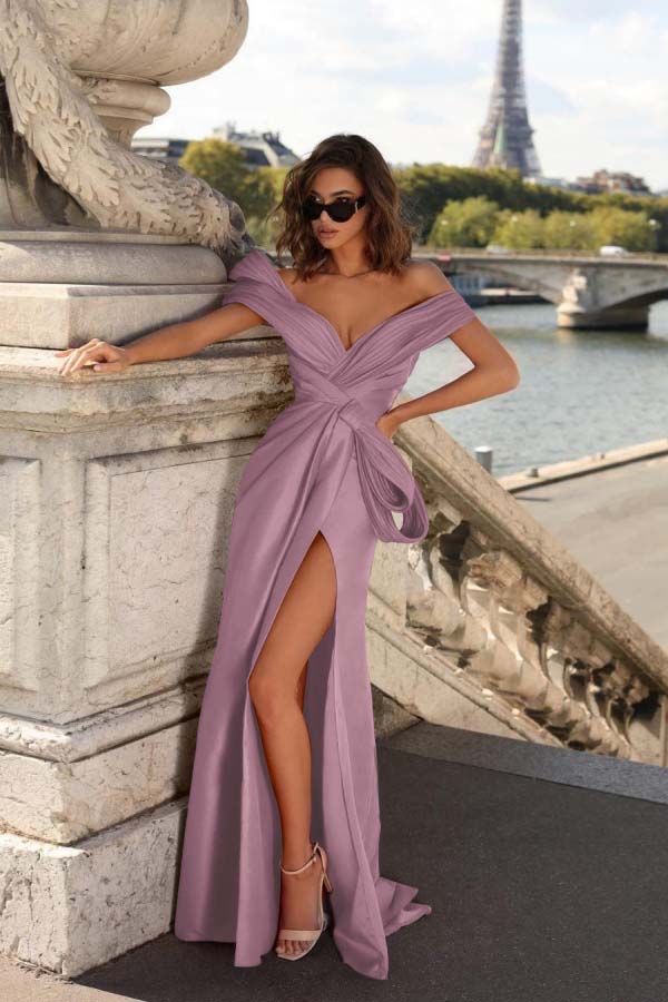 Off the Shoulder Sleeveless Long Mermaid Split Prom Dress With Pleated
