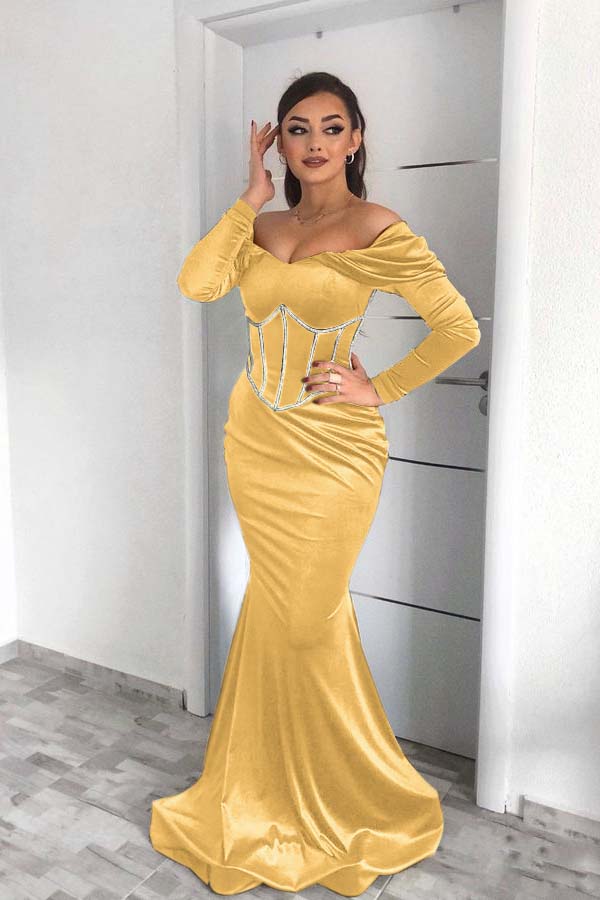 Off the Shoulder Prom Dress Dark Green Long Sleeves Mermaid BMBRIDE