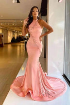 Elegant High Neck Pink Mermaid Prom Dress with Appliqued BM bride