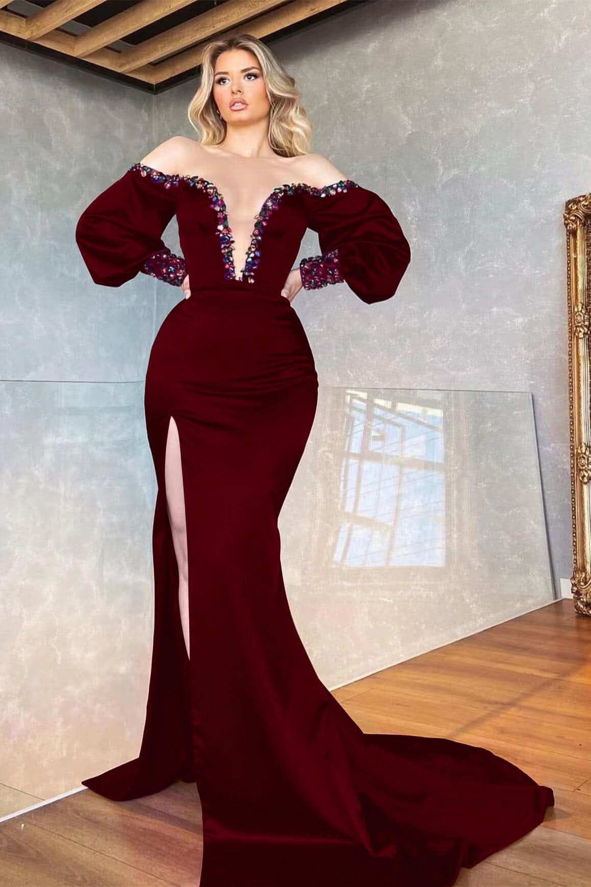 Purple Off-the-Shoulder V-Neck Beaded Long Sleeve Mermaid Prom Dress with Front Split BM bride