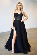 Spaghetti Strap Front Split Black Prom Dress With Lace Appliques