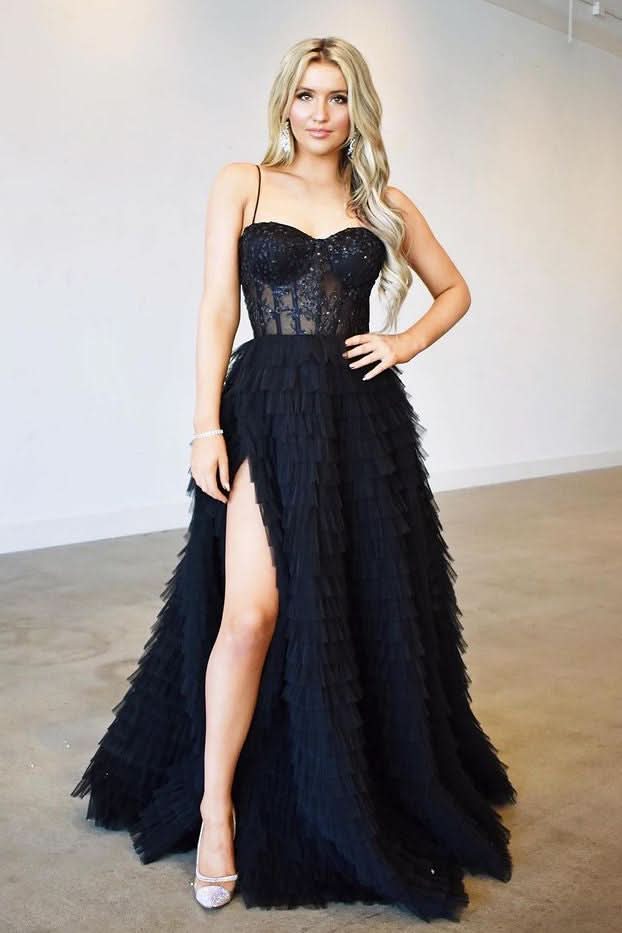 Black Spaghetti-Straps Front Split Mermaid Evening Dress with Lace Appliques BM bride