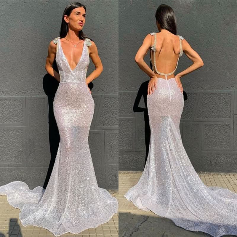 Deep V-Neck Sequins Mermaid Prom Dress with Open Back BM bride