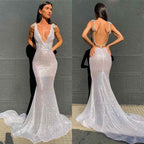 Stunning Deep V Neck High Waist Mermaid Long Prom Dress Open Back Sequins