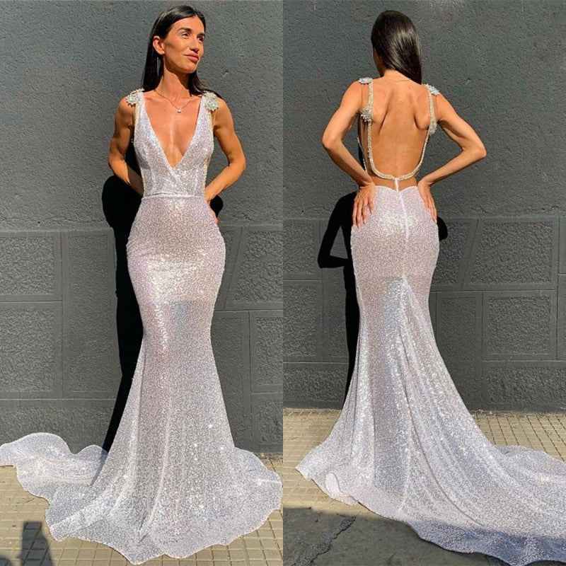 Stunning Deep V Neck High Waist Mermaid Long Prom Dress Open Back Sequins