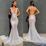 Deep V-Neck Sequins Mermaid Prom Dress with Open Back BM bride