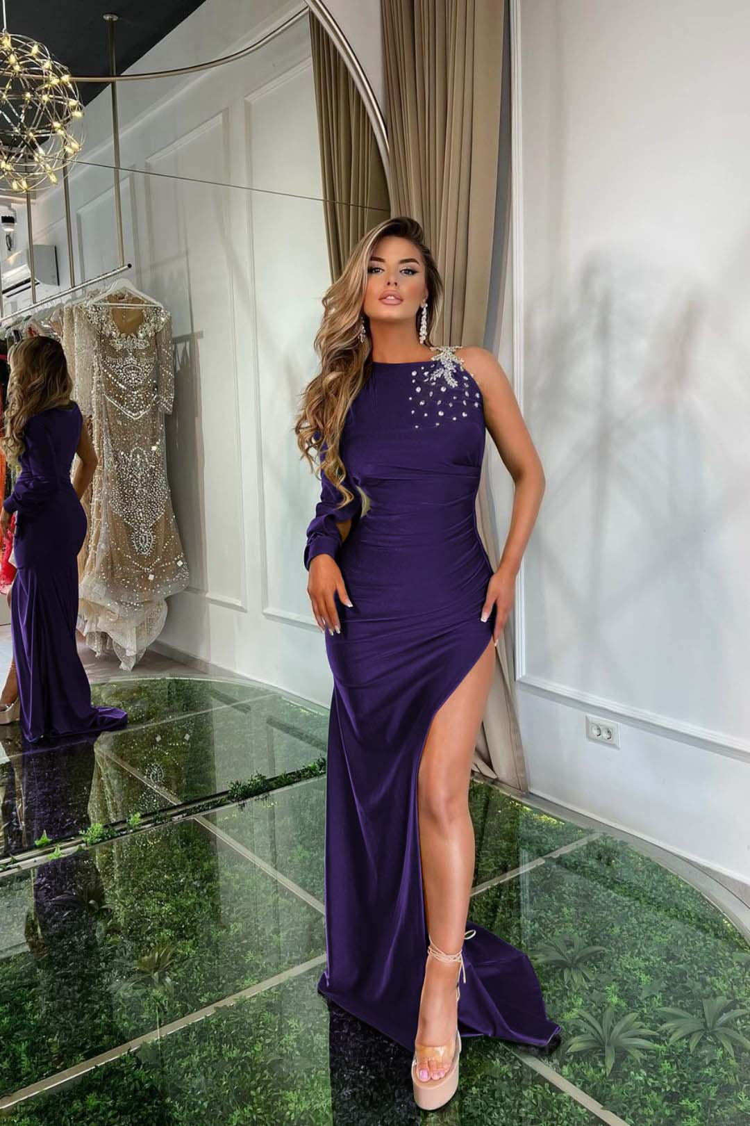 Green Satin With Split Prom Dress One Shoulder One Long Sleeve BMBRIDE