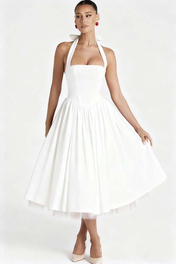 Halter Sleeveless Long A Line Prom Dress With Pleated Tulle BMBRIDE