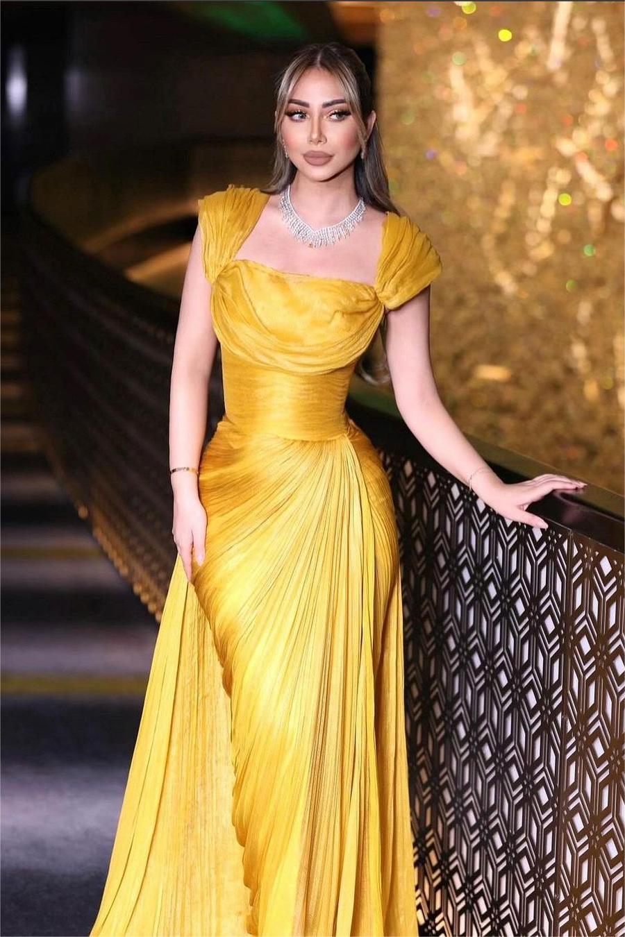 Daffodils Square Neck Sleeveless High Waist Long Pleated Prom Dress With Split BMBRIDE