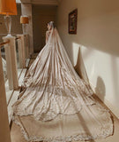 Gorgeous Sweetheart Long Sleeve Satin Wedding Dress with Beadings and Pearls BM bride
