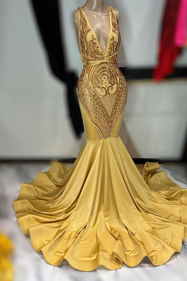 Dark Gold Sleeveless Appliqued Mermaid Prom Dress BM bride