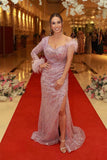 Pink Mermaid Evening Dress with Sweetheart Split Sleeves and Feather Sequins BM bride