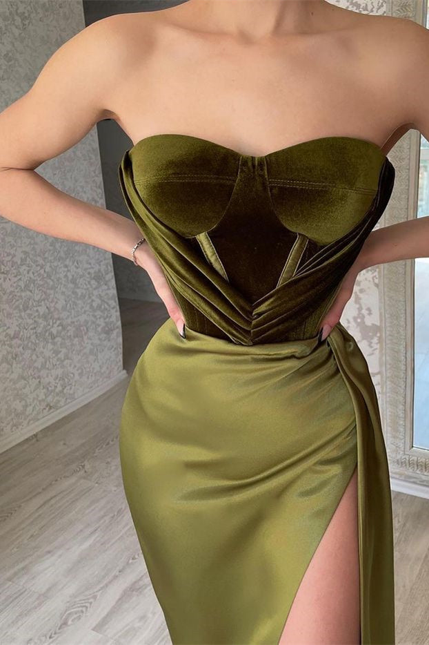 Olive Green Strapless Mermaid Evening Dress with Split BM bride