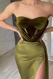 Olive Green Strapless Mermaid Evening Dress with Split BM bride