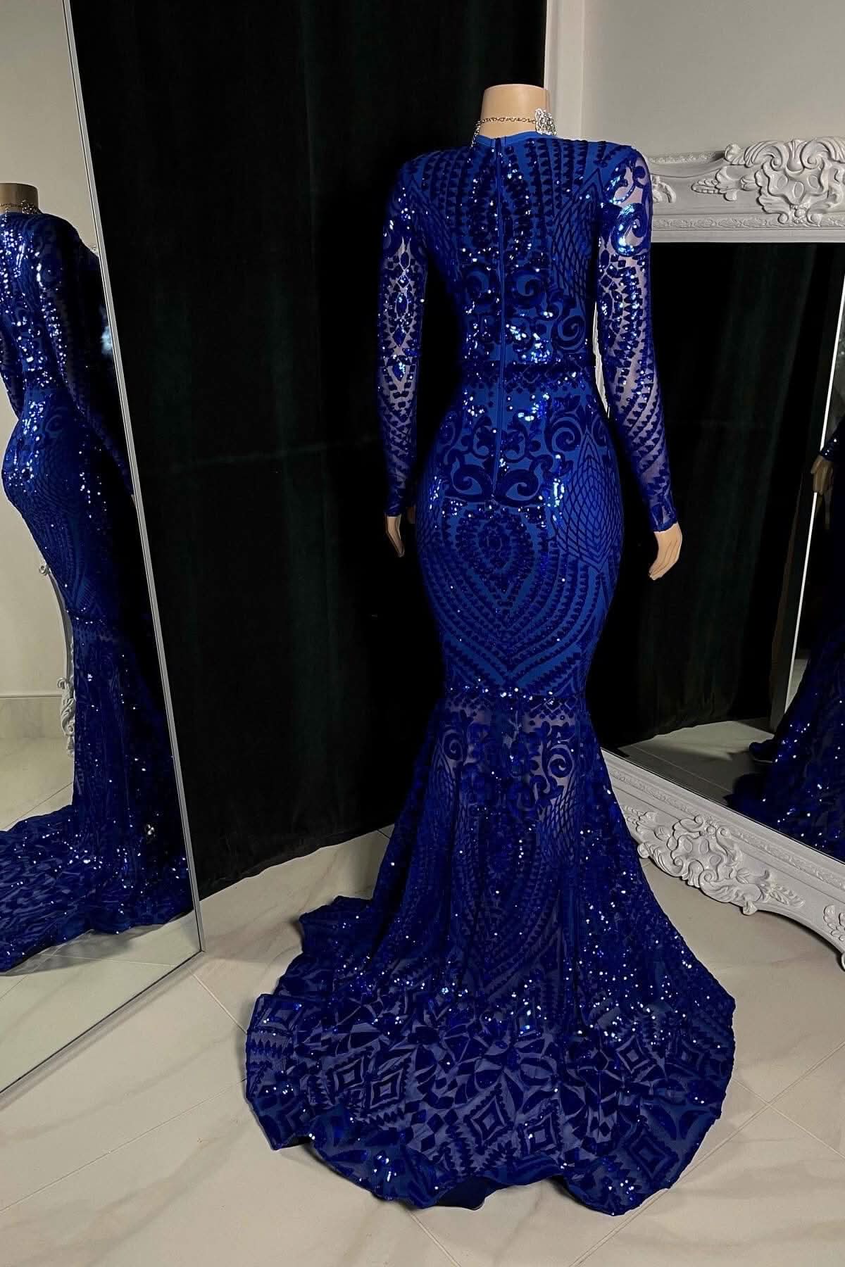 Royal Blue Long Sleeve Sequined Evening Dress with V Neck Mermaid Style BM bride