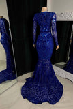 Royal Blue Long Sleeve Sequined Evening Dress with V Neck Mermaid Style BM bride