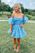Blue Printed Detachable Sleeves Ruffled Short Homecoming Dress Bmbride