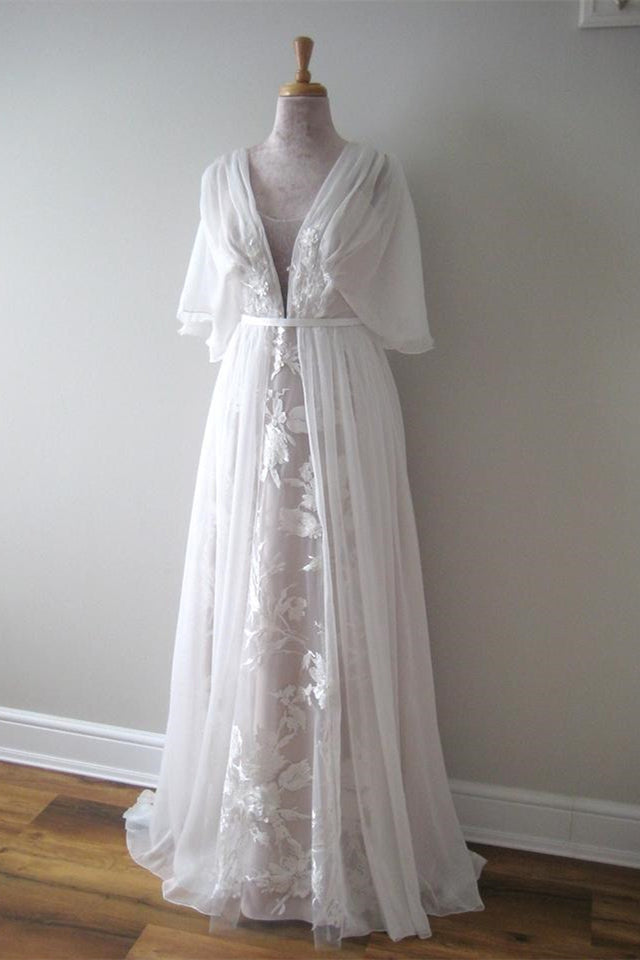 V-Neck A-Line Chiffon Lace Boho Wedding Dress with Belt BM bride