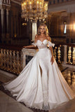 A-Line Off-the-Shoulder Lace Satin Floor-Length Wedding Dress with Sweetheart Appliques BM bride